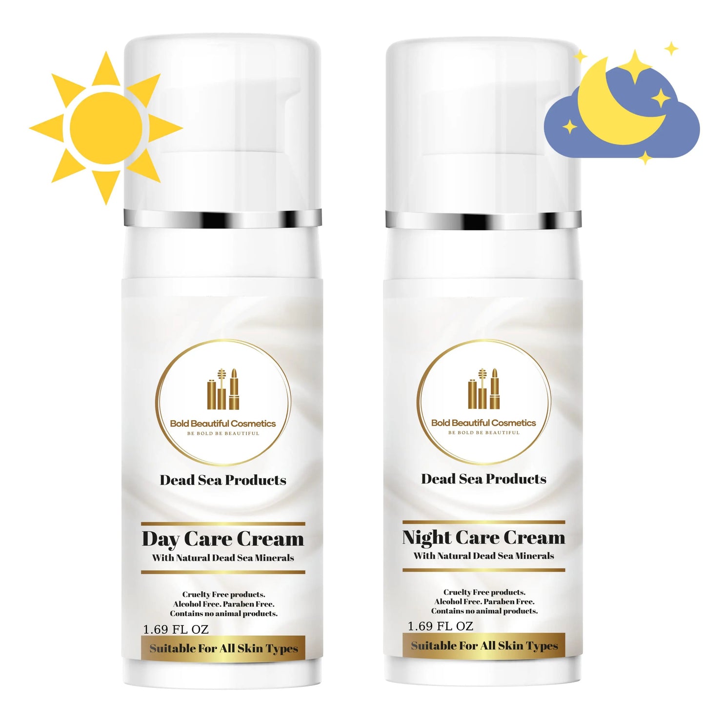 Day and Night Face Moisturizer Kit with Dead Sea Minerals featuring Bold Beautiful Cosmetics day and night creams, ideal skincare. Gift for her.