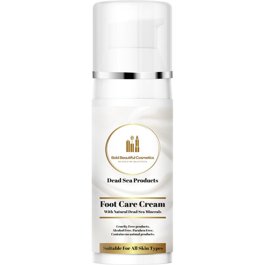 Dead Sea Minerals Foot Care Cream by Bold Beautiful Cosmetics in a sleek white pump bottle. Suitable for all skin types, enriched with natural ingredients.